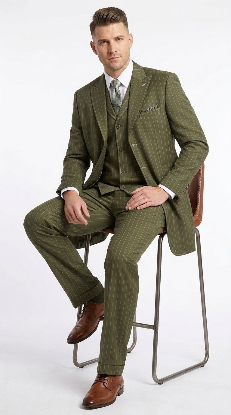 Men’s Big and Tall Olive Pinstripe 3 Piece Suit, Plus Size Long Jacket Formal Wedding Business Suit
