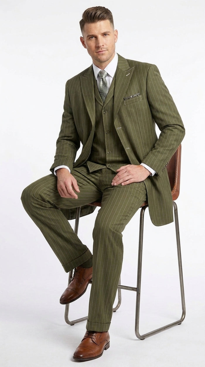 Men’s Big and Tall Olive Pinstripe 3 Piece Suit, Plus Size Long Jacket Formal Wedding Business Suit