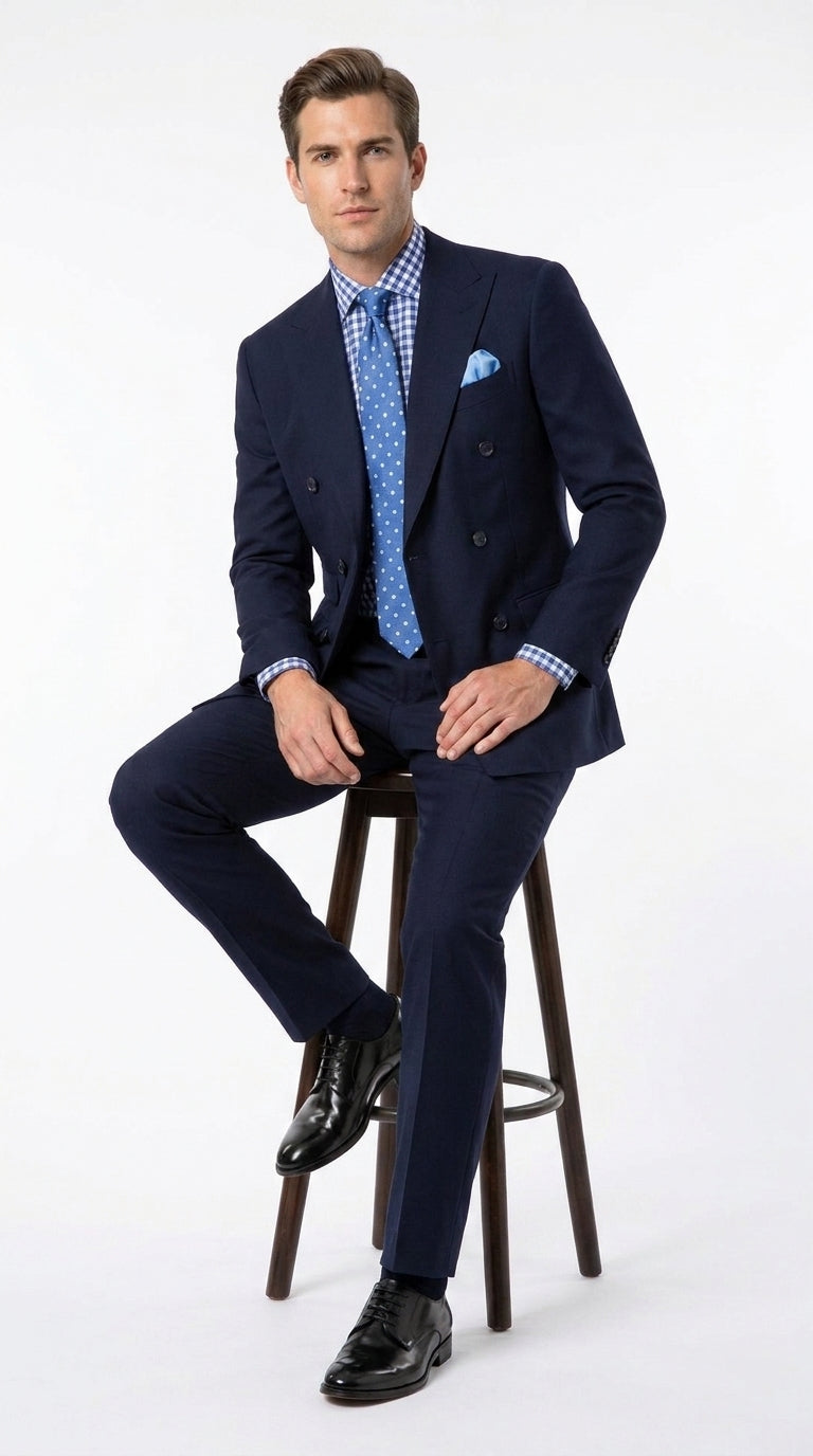 Apollo King Men’s Navy Blue 2 Piece Double Breasted Suit, Pleated Pants Formal Business Wedding Suit