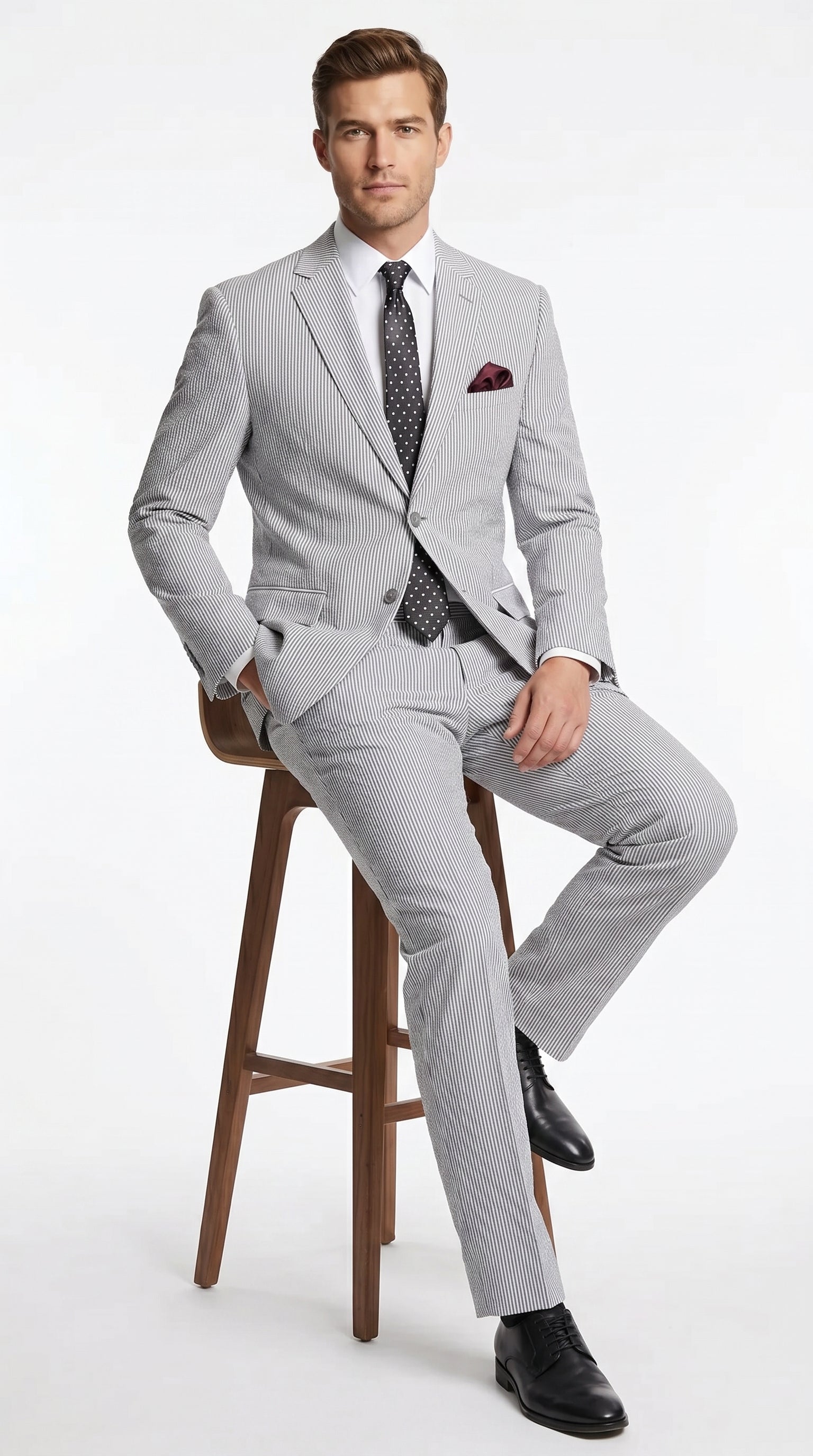Men’s Black Pinstripe 2 Piece Seersucker Suit, Summer Modern Fit Dress Suit