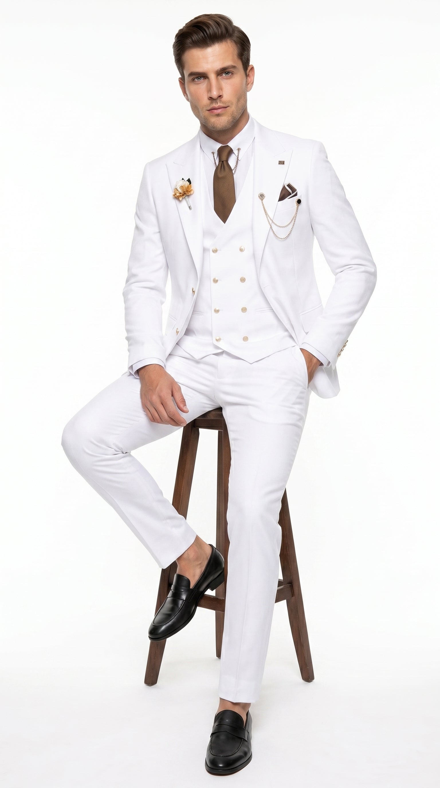 Men’s White and Gold Prom Tuxedo Suit with Double Breasted Vest, Formal Wedding Suit