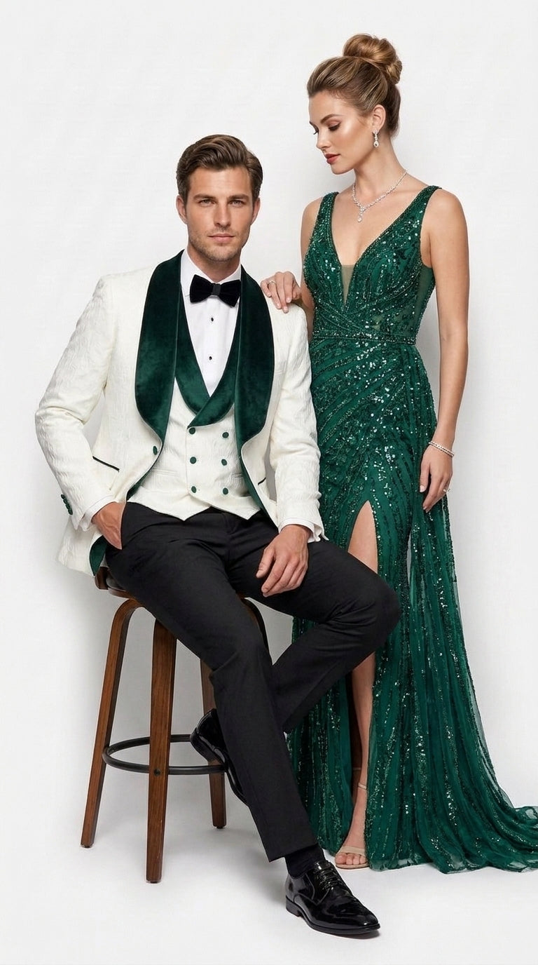 Men’s White and Hunter Green Tuxedo Dinner Jacket, Wide Velvet Shawl Lapel Groom Prom Blazer