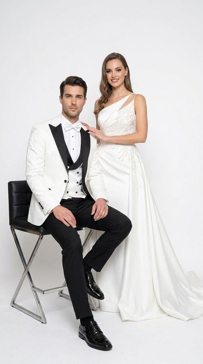 Men’s White and Black Vested Tuxedo Suit, Formal Wedding Groom Prom Dinner Suit