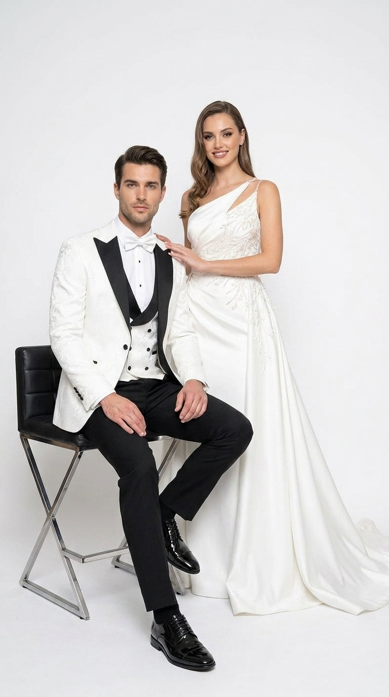 Men’s White and Black Vested Tuxedo Suit, Formal Wedding Groom Prom Dinner Suit