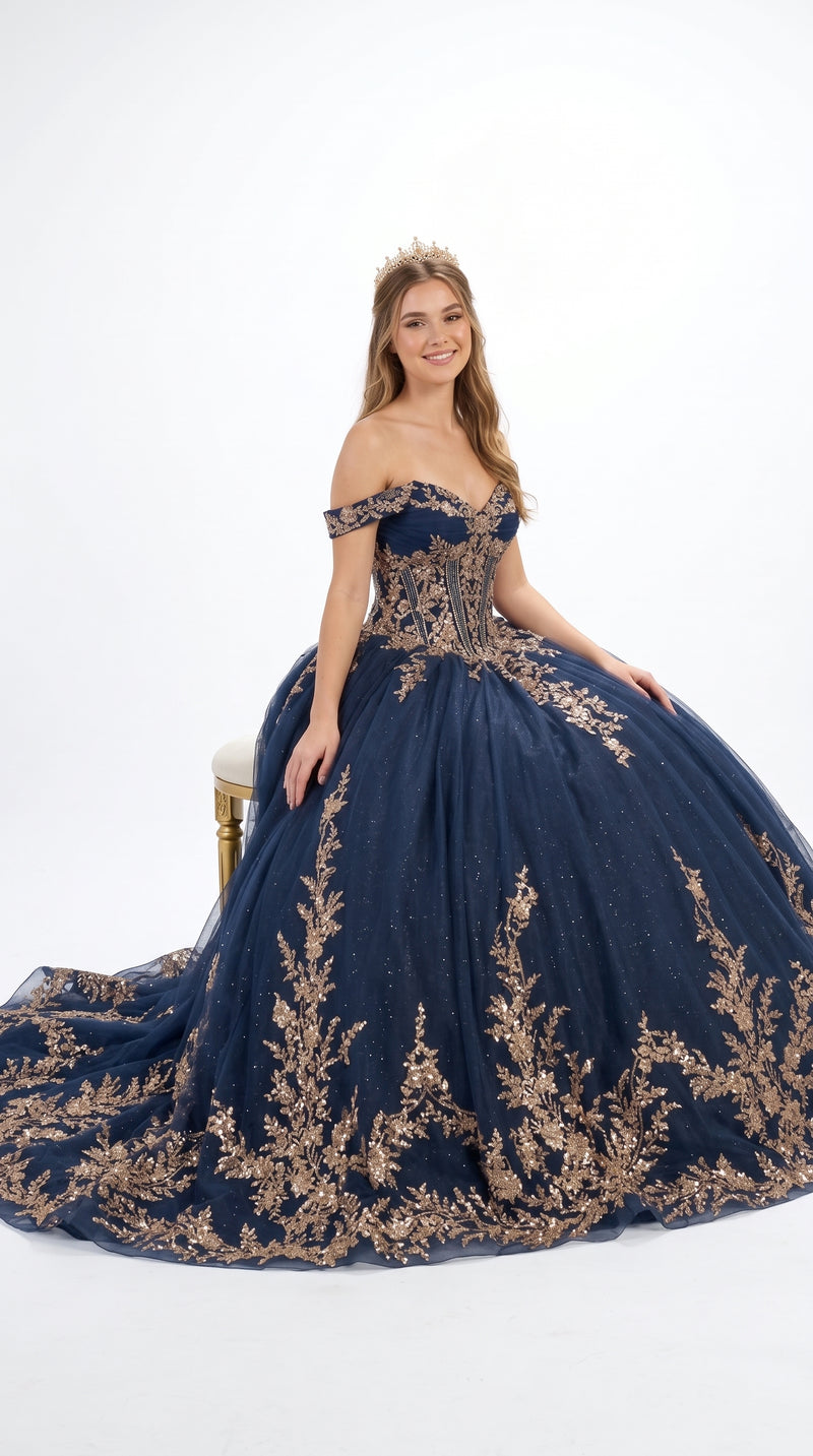 Navy/Gold Off-Shoulder V-Neck Satin Corset Lace Appliqué Ball Gown with Bow by Elizabeth K GL3674