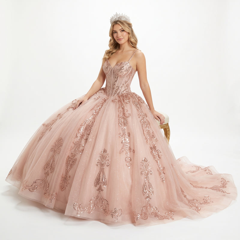 Quinceañera Ball Gown with Beaded Corset Bodice Glitter Tulle Skirt & Crystal Tiara By LK294
