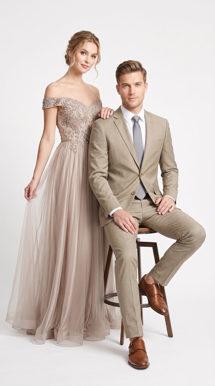 Men's Light Taupe Textured 2-Piece Suit – Modern Fit Tan Groomsmen Wedding & Formal Business Suit