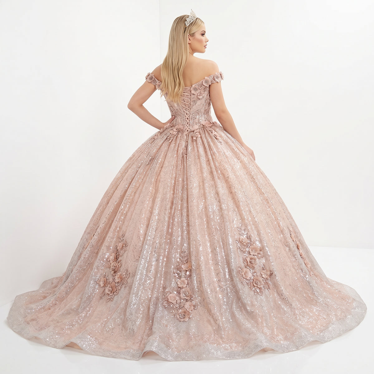 Champagne Off-Shoulder Quinceañera Ball Gown with 3D Floral Appliqués & Detachable Train – Sweet 15 Princess Dress