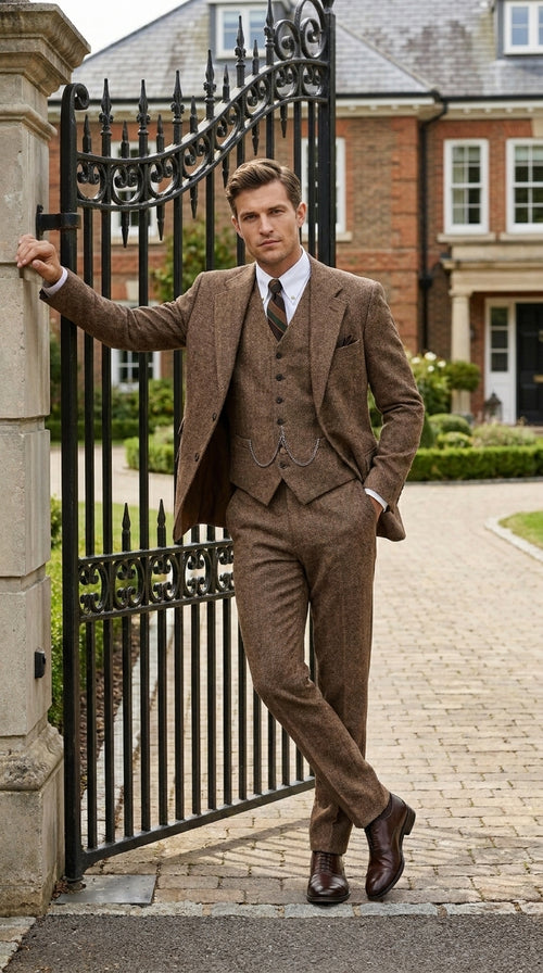 Men’s Great Gatsby Costume Package, Brown 1920s Suit with Vest, Pants, Shirt and Tie
