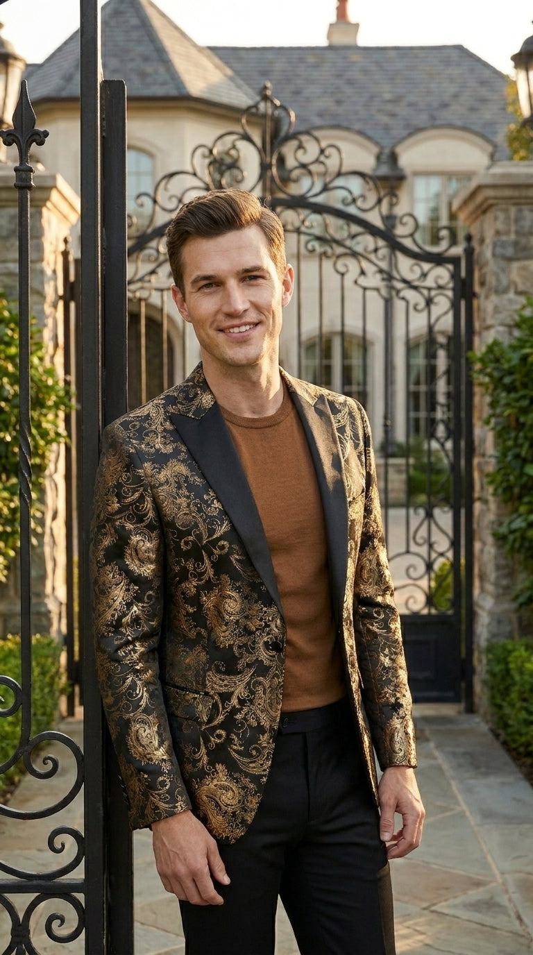 VINCI Men’s Gold and Black Paisley Tuxedo Dinner Jacket – Formal Prom, Wedding and Party Blazer