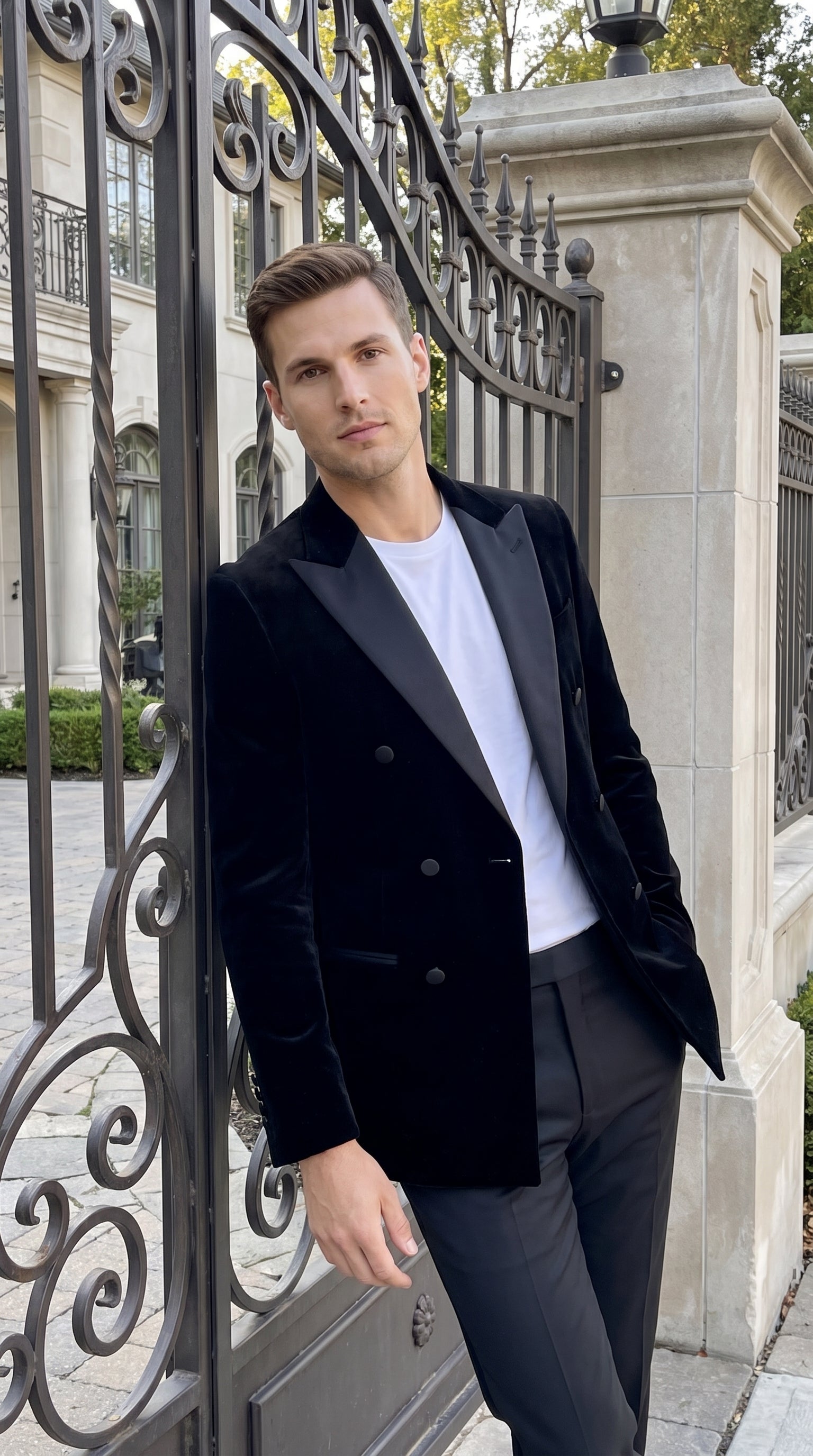 Men’s Black Velvet Double Breasted Blazer with Satin Peak Lapel, Formal Tuxedo Dinner Jacket