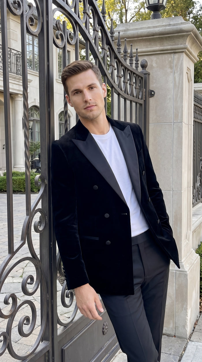Men’s Black Velvet Double Breasted Blazer with Satin Peak Lapel, Formal Tuxedo Dinner Jacket