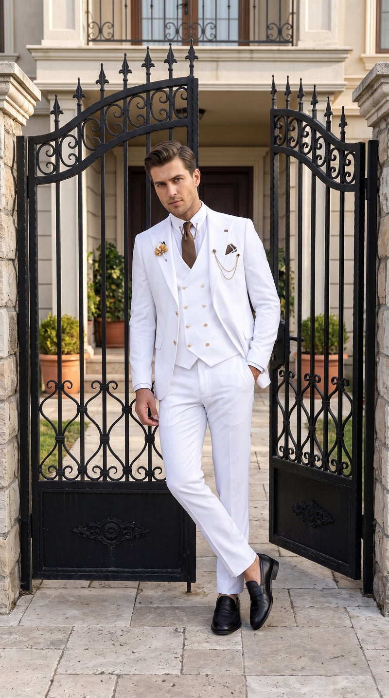 Men’s White and Gold Prom Tuxedo Suit with Double Breasted Vest, Formal Wedding Suit