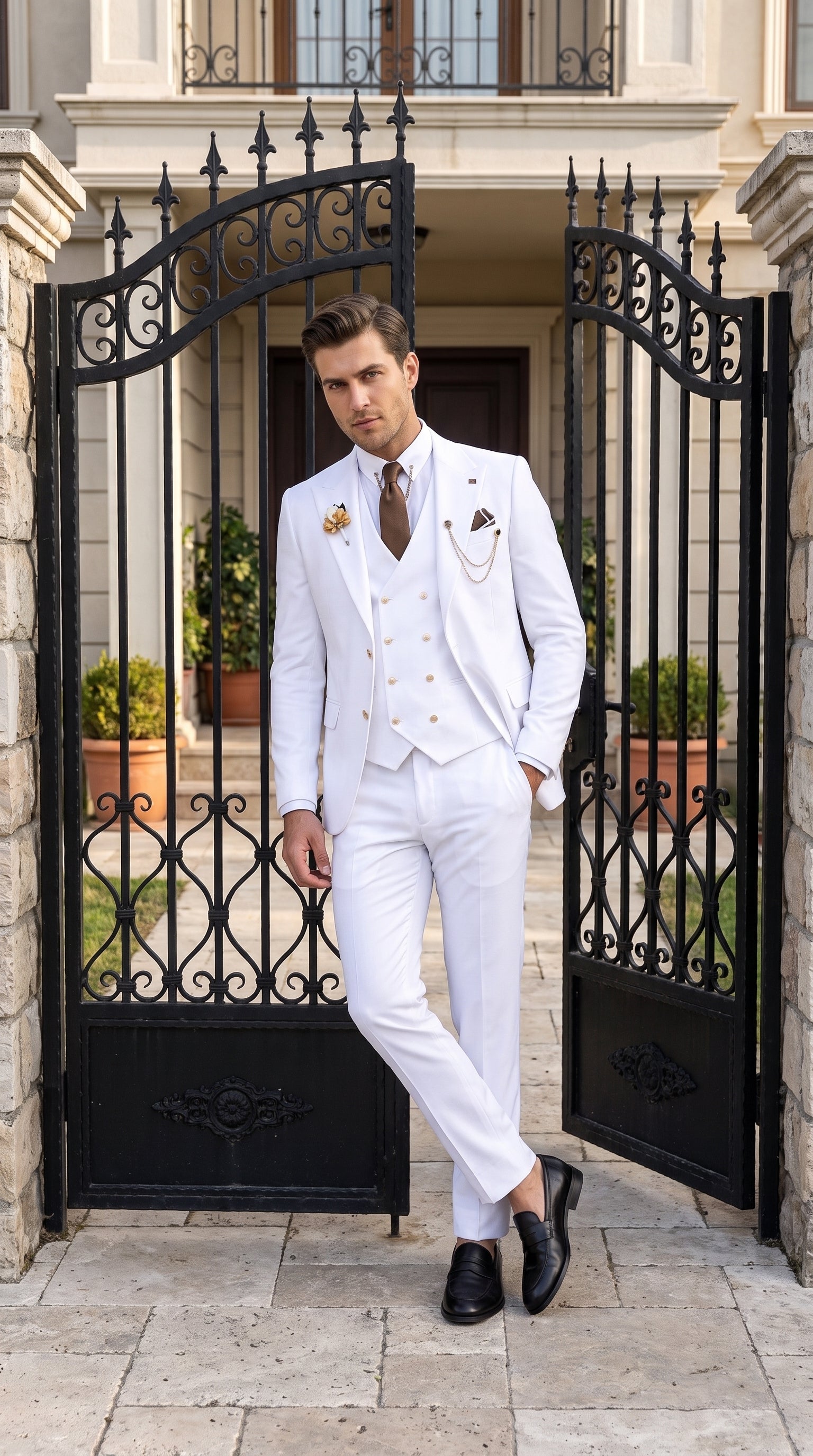 Men’s White and Gold Prom Tuxedo Suit with Double Breasted Vest, Formal Wedding Suit