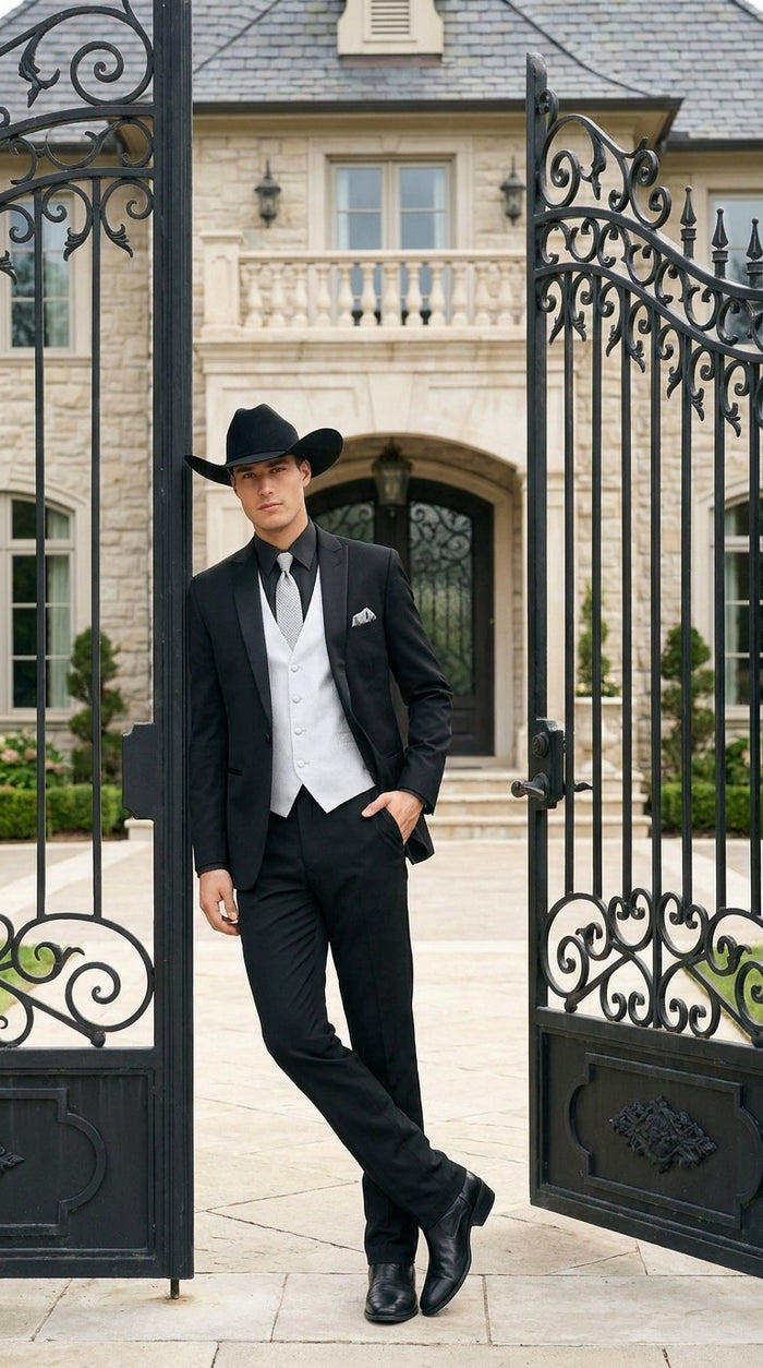 Men’s Black Country Wedding Tuxedo with White Vest, Western Formal Groom Suit