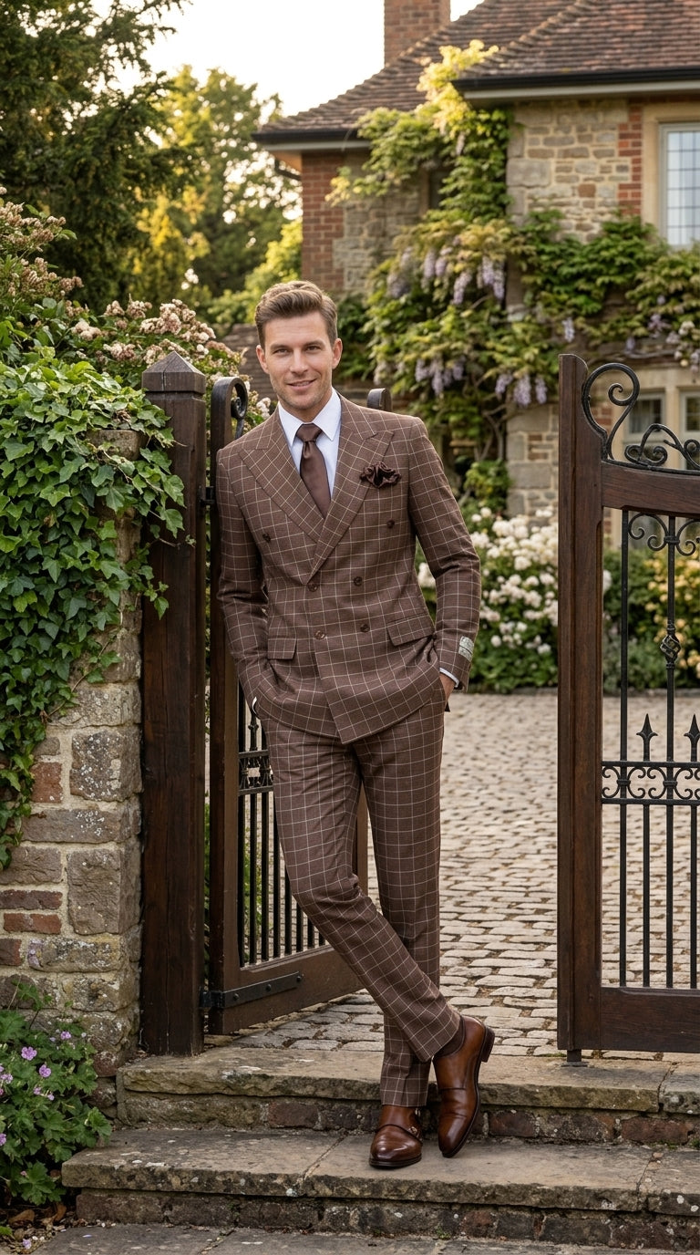 Rossi Man Arthur RM2317 Men’s Brown Windowpane Double Breasted Suit, Formal Dress Suit