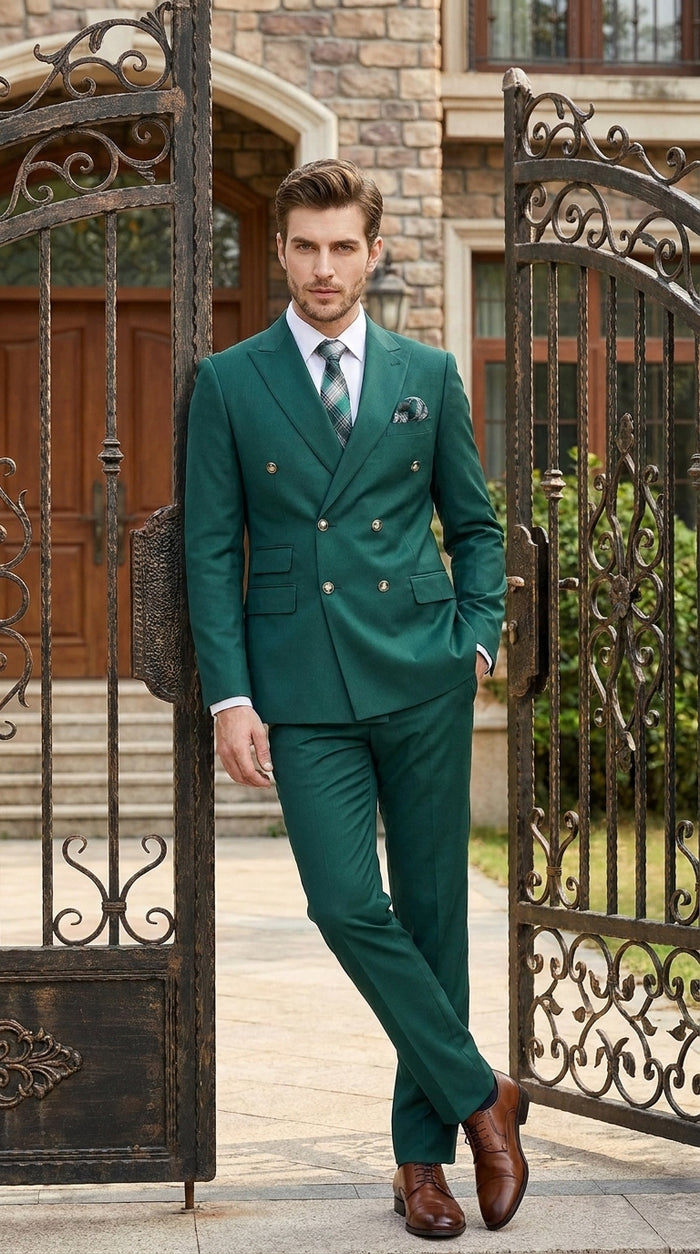 Men’s Hunter Green Double Breasted Wool Suit with Gold Buttons, Modern Fit Formal Wedding Suit