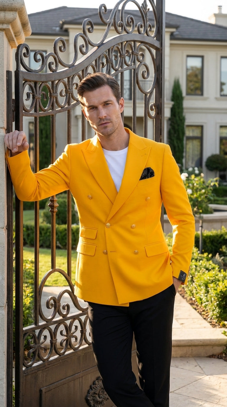 Men’s Gold Double Breasted Blazer, Bright Yellow Formal Sport Coat for Wedding and Party Events