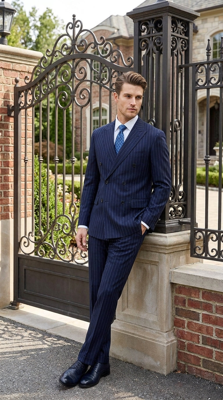Men’s Dark Navy Blue Double Breasted Pinstripe Suit, Side Vent Jacket with Pleated Pants
