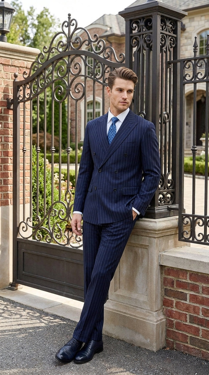 Men’s Dark Navy Blue Double Breasted Pinstripe Suit, Side Vent Jacket with Pleated Pants