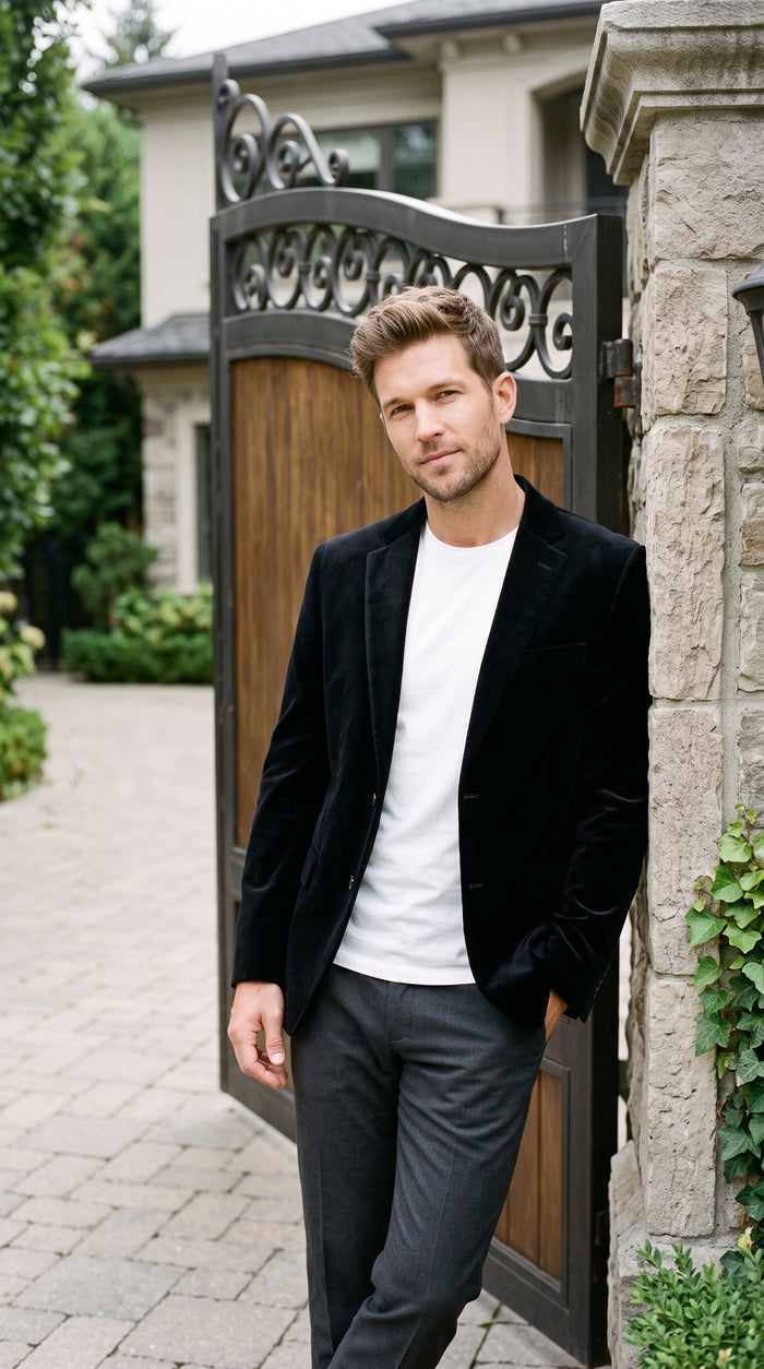 Men’s Black Velvet Blazer, Big and Tall 2 Button Formal Sport Coat for Weddings and Parties