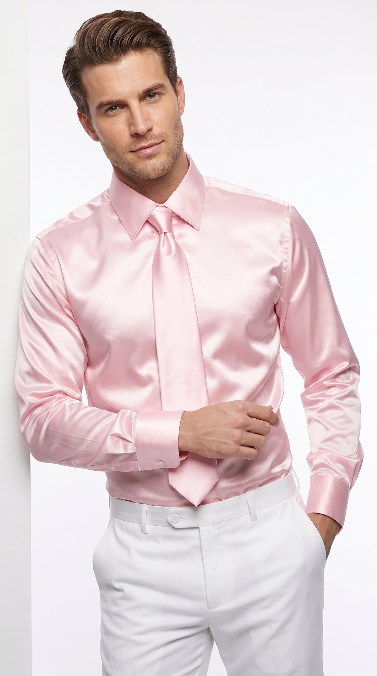 Men’s Shiny Satin Dress Shirt Set with Tie and Handkerchief, Multi-Color Formal Shirt