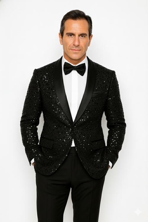 Men's Sharkskin Flashy Stage Shiny Sequin Paisley Blazer Dinner Jacket 1 Button Black Sport Coat Jacket