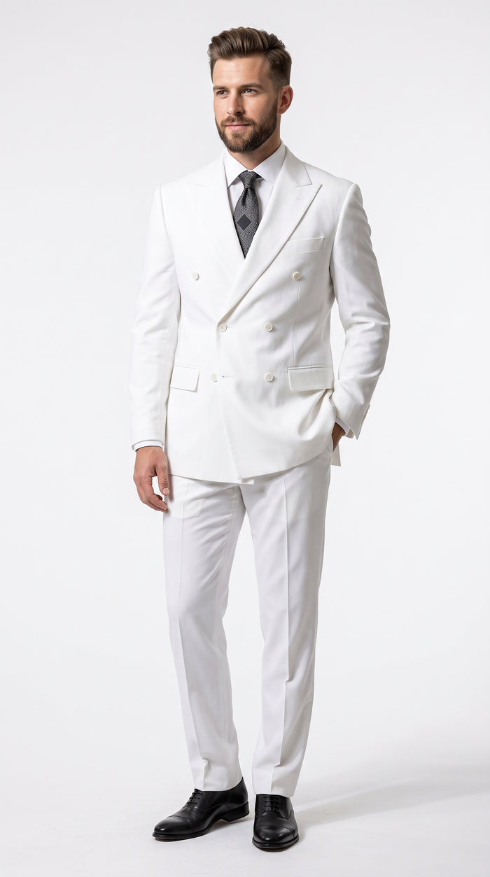 Men’s Solid White Double Breasted Suit, Classic Fit Formal Wedding Prom Dress Suit