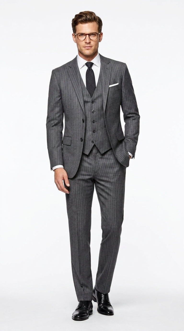 Men’s Charcoal Grey Pinstripe 2 Button Vested Wool Suit, Modern Fit Formal Business Dress Suit