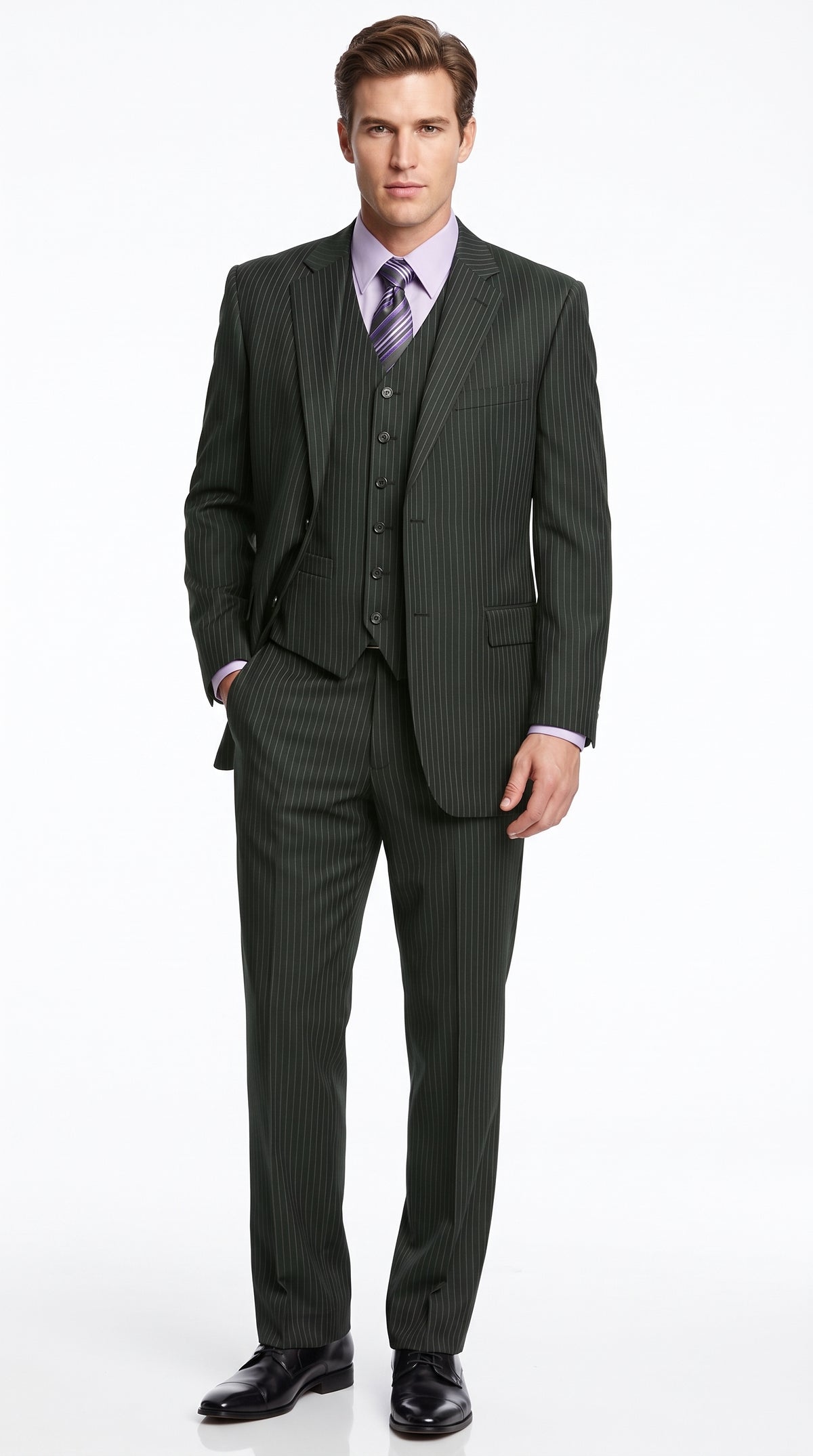 Men’s Black Pinstripe 3 Piece Suit, Vested 2 Button Formal Wedding Business Suit