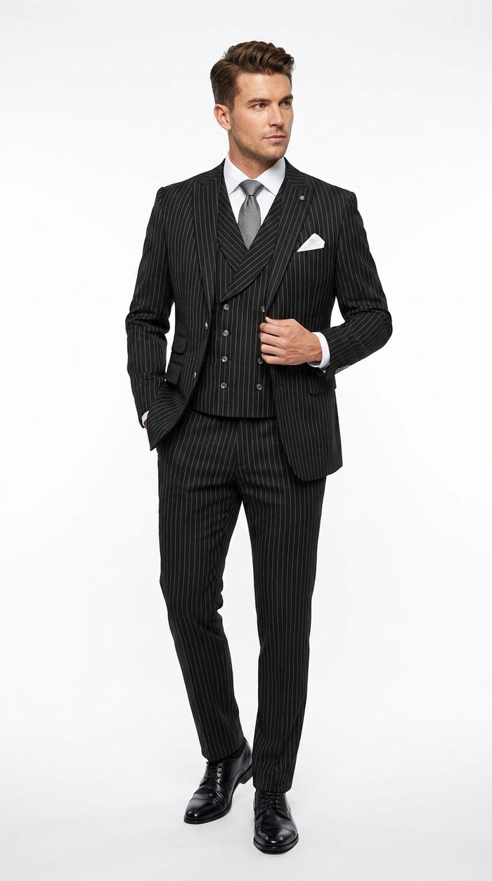 Statement Men’s Black Pinstripe 3 Piece Wool Suit, Fashion Formal Wedding Business Dress Suit