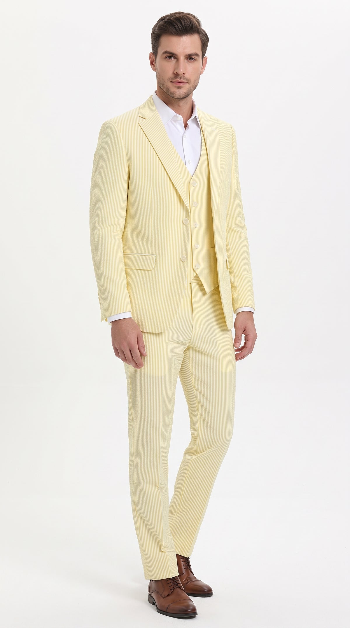 Men’s Yellow Pinstripe Seersucker Suit – 3-Piece Summer Wedding Suit with Jacket, Vest & Pants