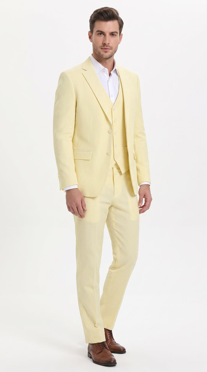 Men’s Yellow Pinstripe Seersucker Suit – 3-Piece Summer Wedding Suit with Jacket, Vest & Pants