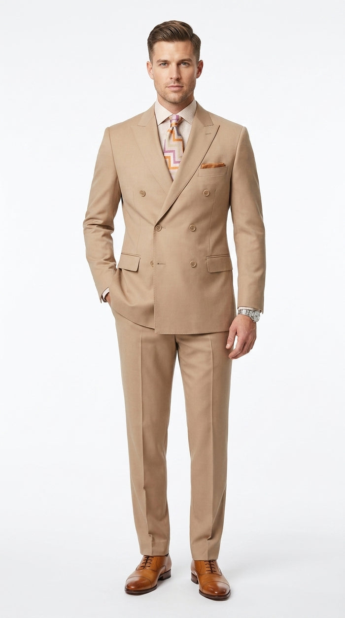 Men’s Camel Double Breasted Wool Feel Suit, Classic Luxury Formal Wedding Business Dress Suit