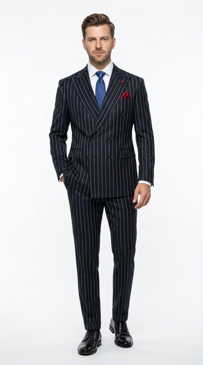 Statement Men's 2 Piece 100% Wool Modern Fit Pinstripe Suit - Double Breasted Jacket