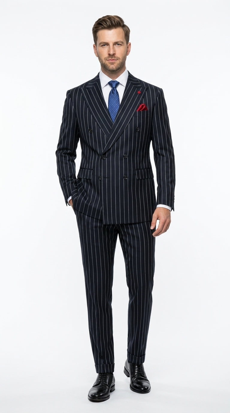 Statement Men's 2 Piece 100% Wool Modern Fit Pinstripe Suit - Double Breasted Jacket