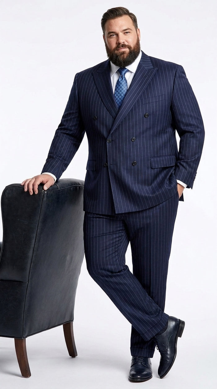 Men’s Dark Navy Blue Double Breasted Pinstripe Suit, Side Vent Jacket with Pleated Pants