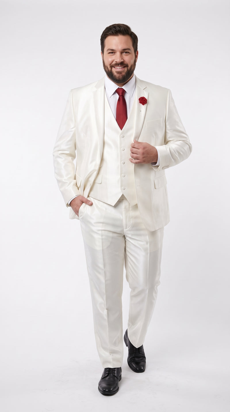 Tazio Men’s White Shiny Sharkskin 3 Piece Suit, Modern Fit Vested Formal Wedding Prom Suit