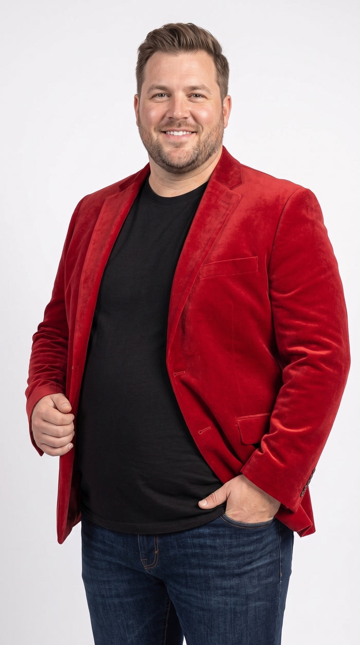 Men’s Red Velvet Blazer, Big and Tall 2 Button Formal Sport Coat for Weddings Prom and Parties