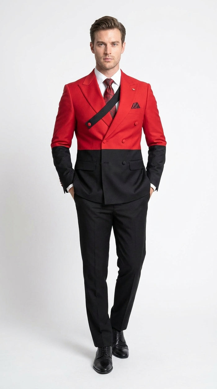 Statement Men’s Two Tone Double Breasted Suit, Modern Fit 2 Piece Wool Formal Wedding Suit