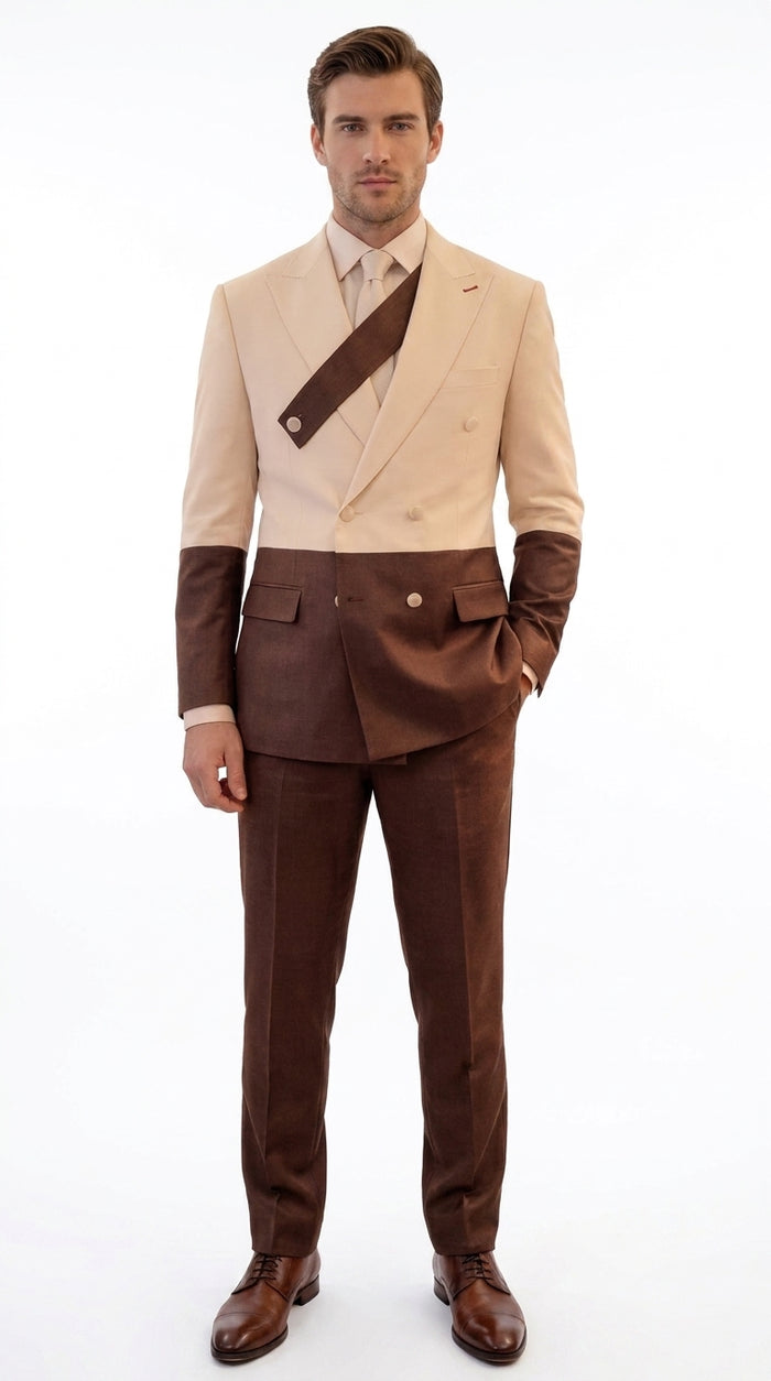 Statement Men’s Two Tone Double Breasted Suit, Modern Fit 2 Piece Wool Formal Wedding Suit
