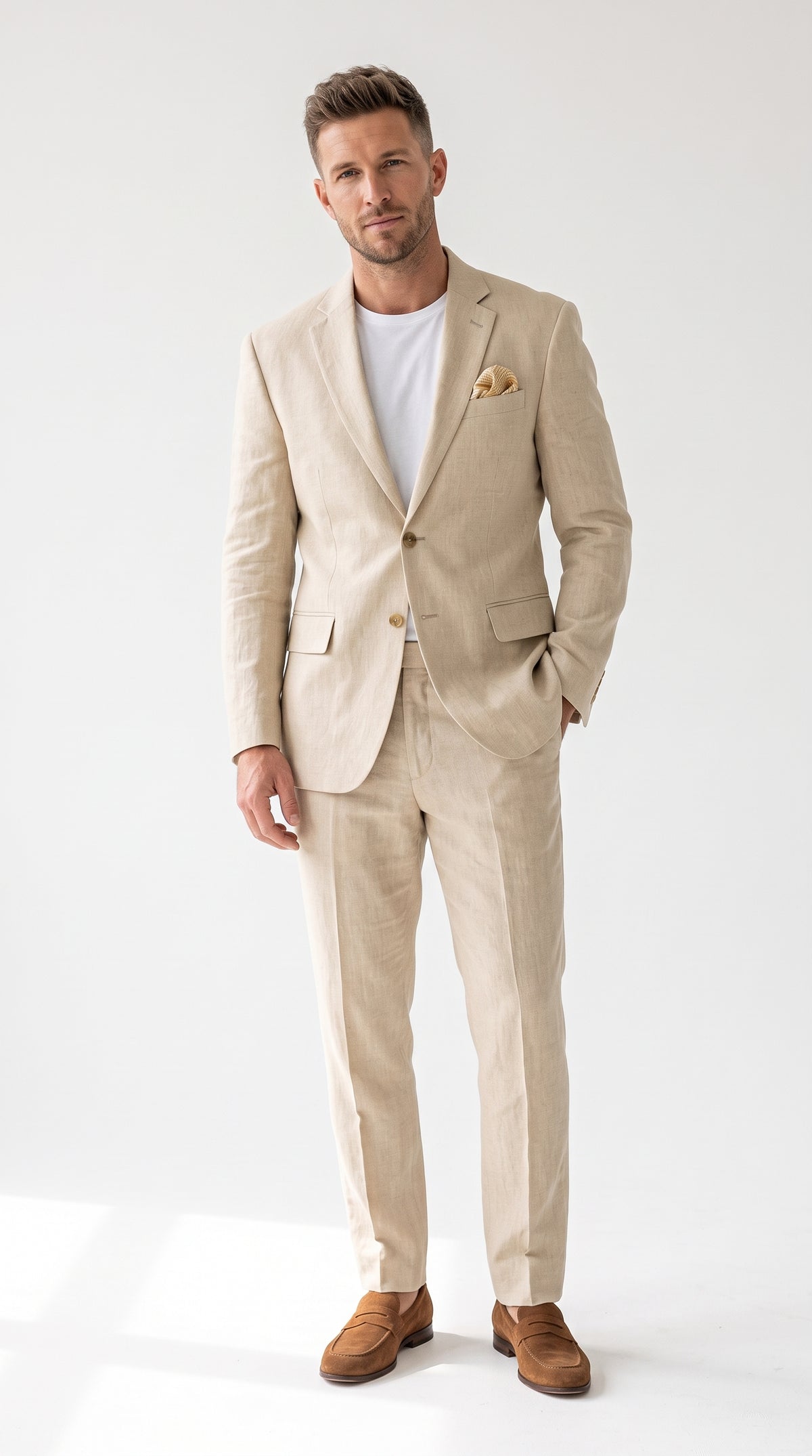 Men’s Tan Linen Blend 2 Piece Suit, Modern Fit Notch Lapel Summer Wedding Suit