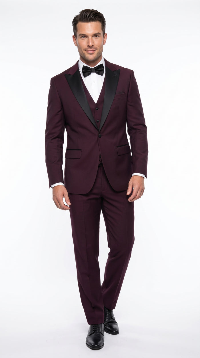 Alberto Men’s Burgundy 1 Button Peak Lapel Tuxedo, Formal Wedding Prom Dinner Suit
