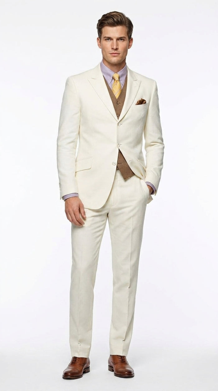 Men’s Off White Great Gatsby Suit, Leonardo DiCaprio Inspired 1920s Wedding Prom Dress Suit