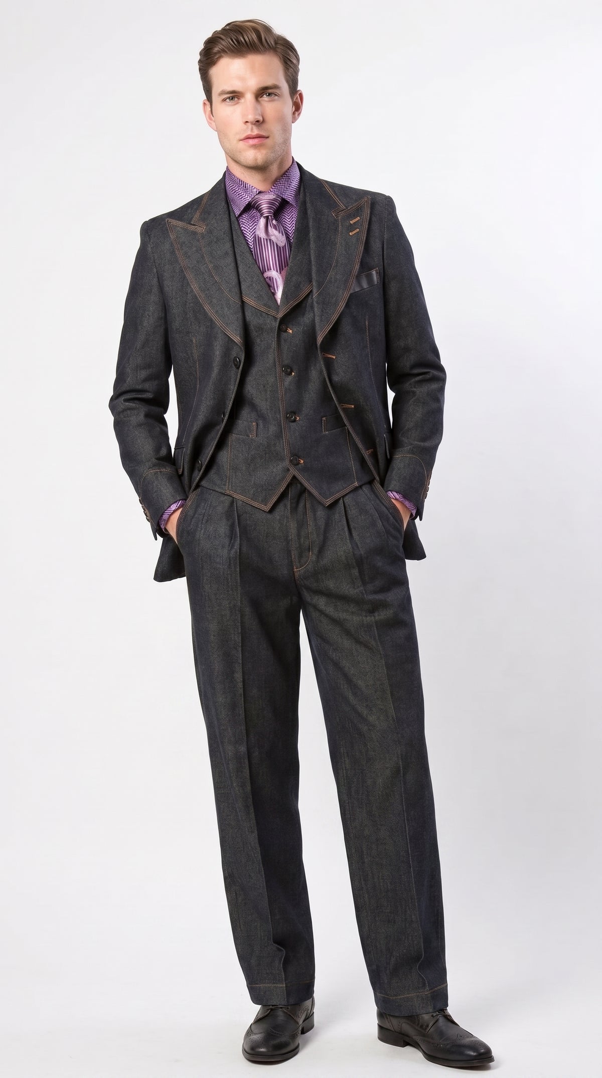 Apollo King Men’s Black Denim Vested Suit, Peak Lapel Wide Leg Formal Dress Suit