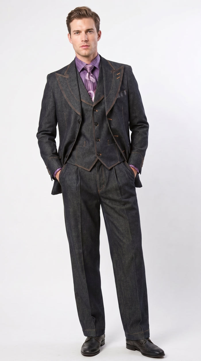 Apollo King Men’s Black Denim Vested Suit, Peak Lapel Wide Leg Formal Dress Suit