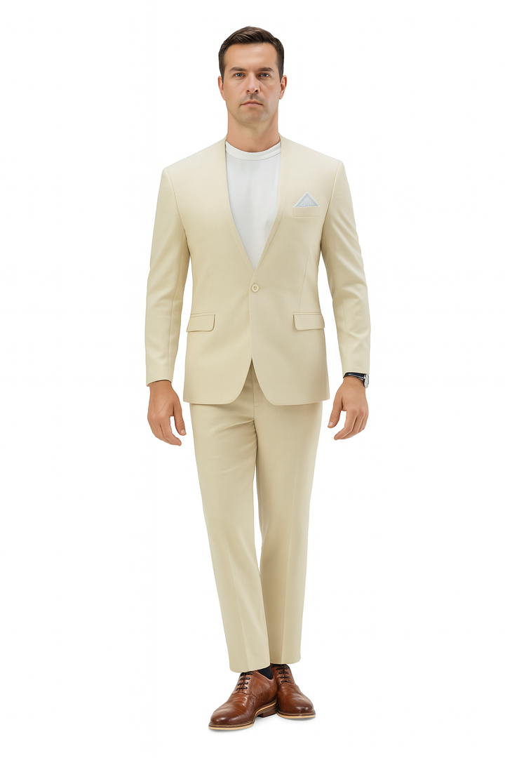 Men's light beige linen two-piece suit with a hybrid, collarless fit. Includes a tailored blazer with front pockets and matching trousers. Lightweight and breathable for warm weather.
