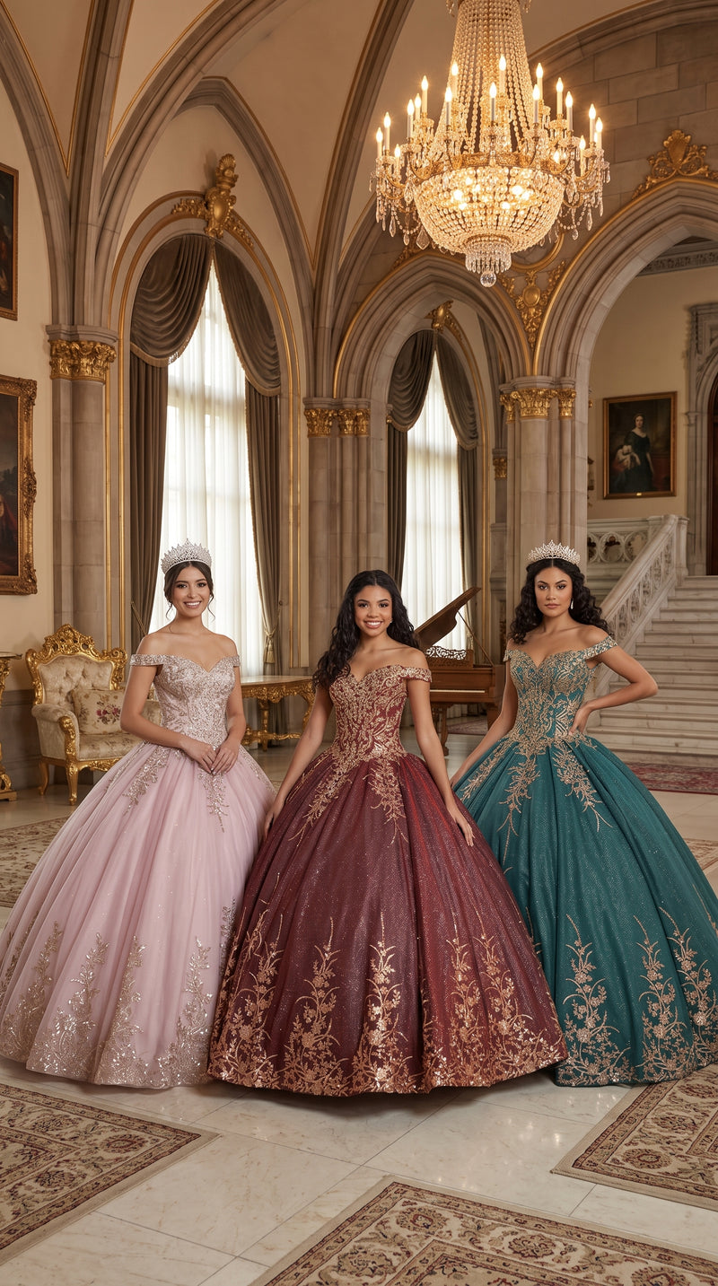 Off Shoulder Sparkling Lace Up Quinceanera Ball Gown in 3 Colors Burgundy - Hunter - Rose Gold