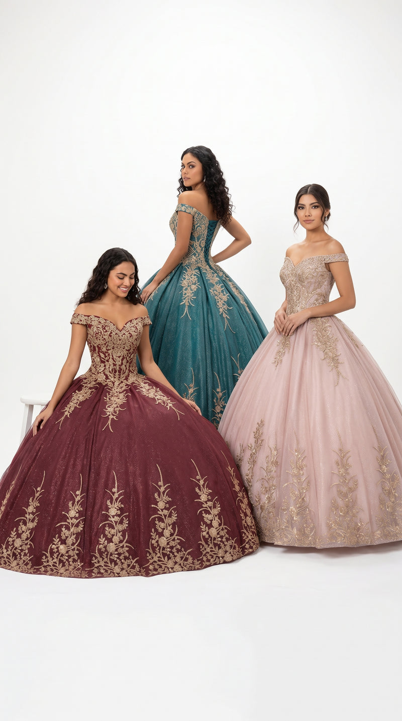 Off Shoulder Sparkling Lace Up Quinceanera Ball Gown in 3 Colors Burgundy - Hunter - Rose Gold