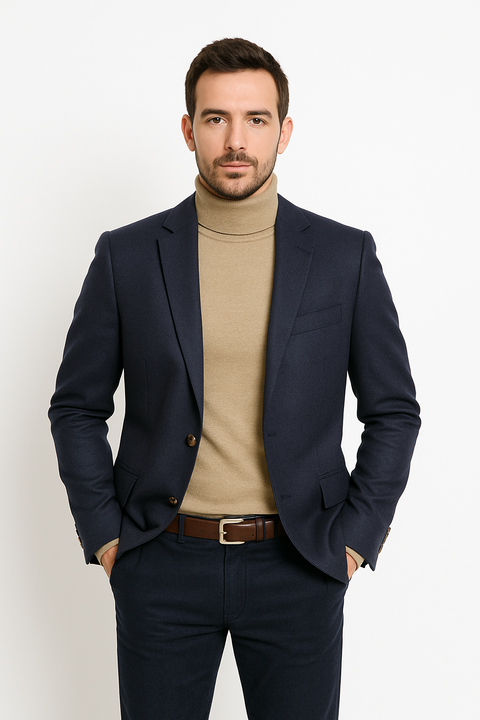 Navy cashmere men's jacket with notch lapel. Tailored, slim fit. Features: two buttons, two front pockets, buttoned cuffs, and chest pocket. Smooth texture.
